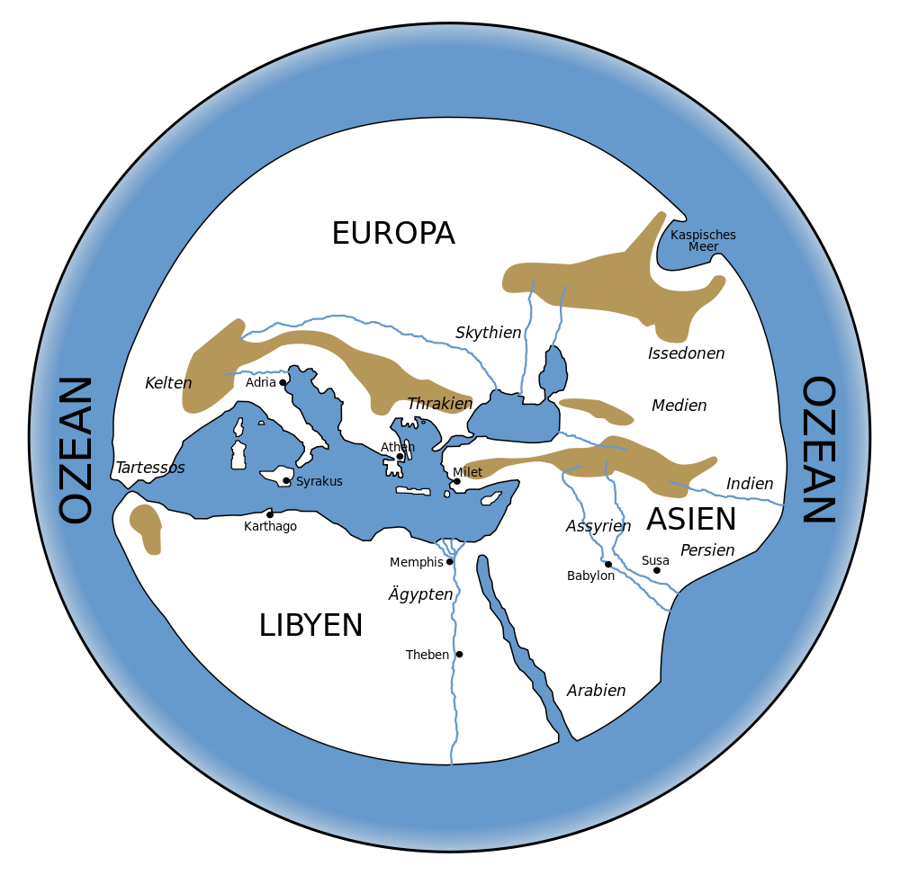 Rekonstruktion der Weltkarte des Hekataios von Milet mit der bekannten Welt der Griech*innen um 550 v. Chr.