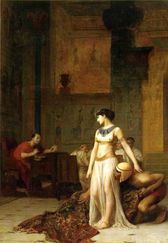 Caesar und Kleopatra von Jean-Leon Gerome (1866), hier entsteigt Kleopatra einem Teppich, antike Quellen sprechen allerdings von einem Bettsack, was auch etwas besser durchführbar wirkt.