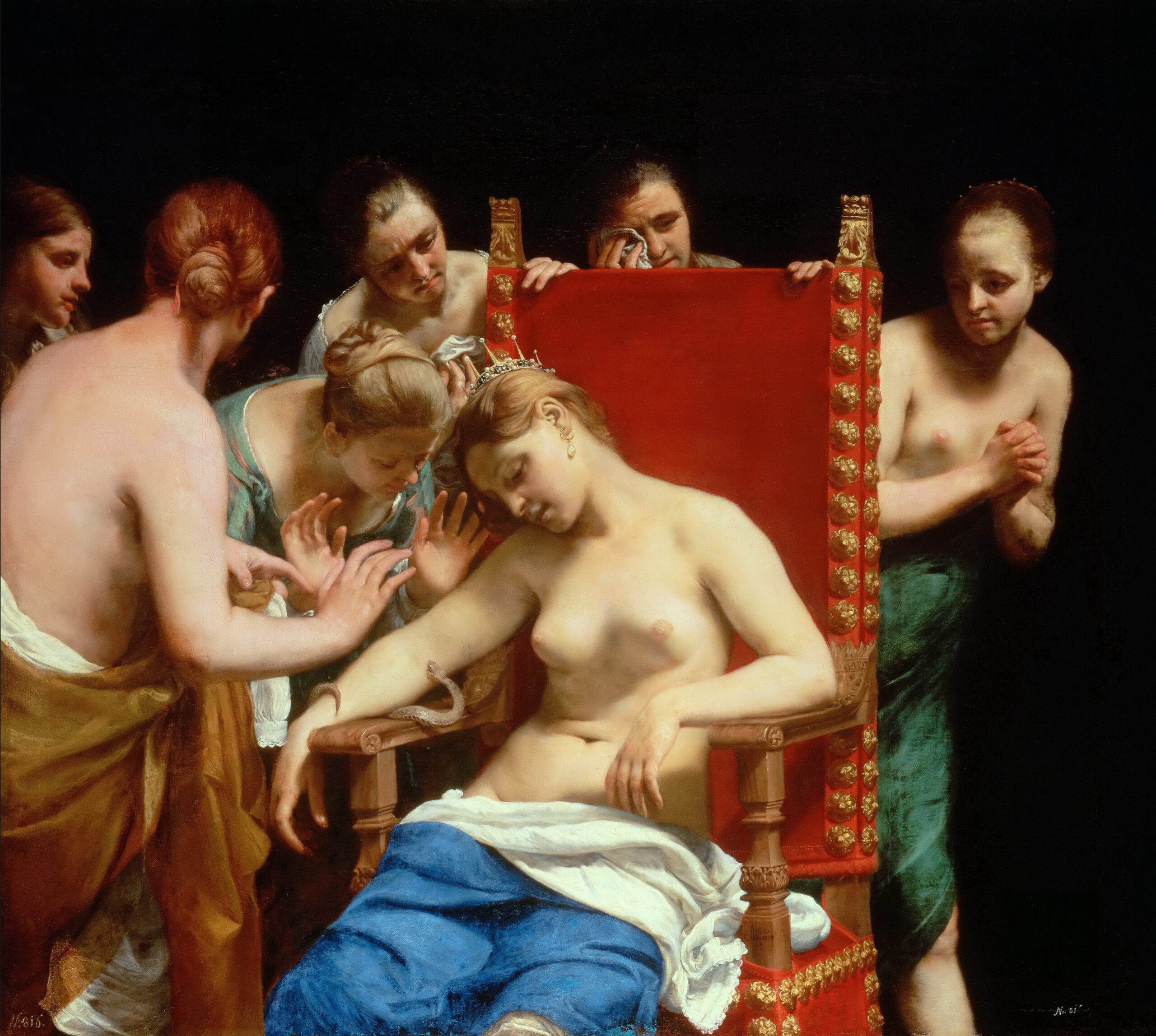 Guido Cagnacci, Kleopatras Tod. Um Kleopatras Arm schlängelt sich das Reptil, das angeblich ihren Tod herbeigeführt hat.