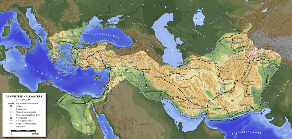 Die Feldzüge Alexanders gegen das Perserreich, das sich von Kleinasien über Ägypten bis nach Indien erstreckte.