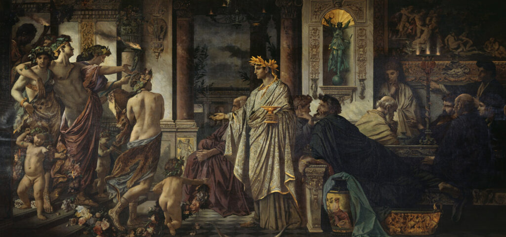 Ein paar Jungs diskutieren über die Liebe. Da Platon selbst im Symposion nicht als Figur auftaucht, ist er auch nicht auf dem Bild zu sehen. Sokrates ist der abgewandte Typ mit Glatze und dem hellen Mantel auf der rechten Seite.