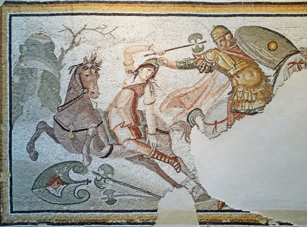 Amazone im Kampf mit einem Griechen, griechisches Mosaik aus dem 4. Jahrhundert n. Chr. 